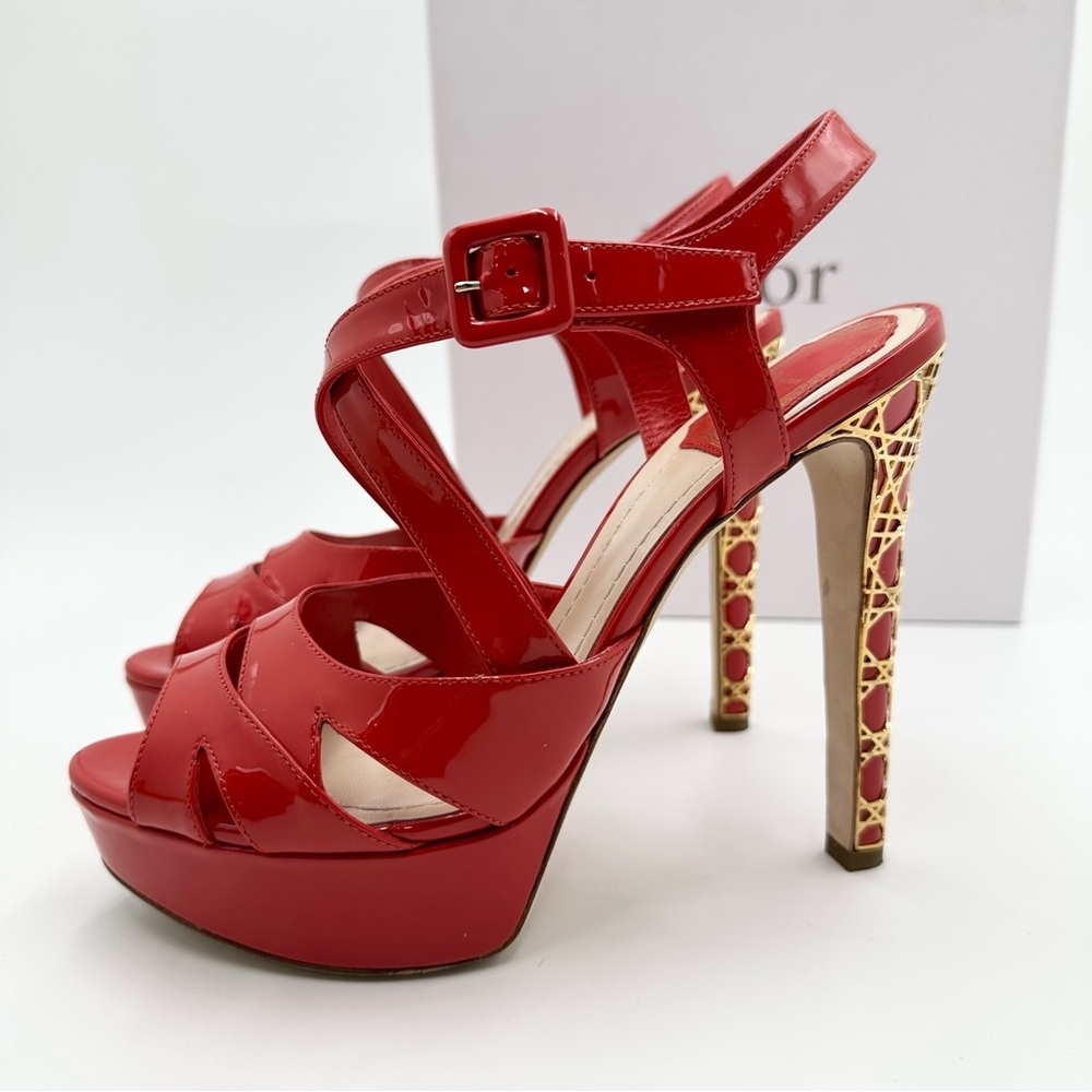 Dior Metal Cannage Strappy Peep Toe Heels Red Patent Leather - Picture 7 of 16